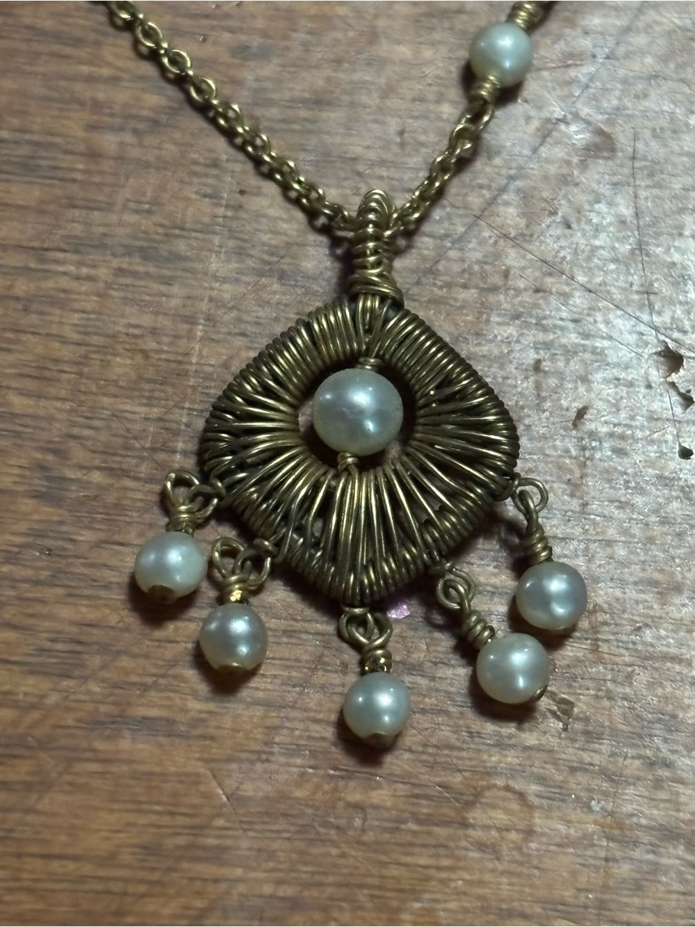 Handmade pearl and 14k gold Wire Wrapped Wire Wrapped Pendant Necklace Sundance